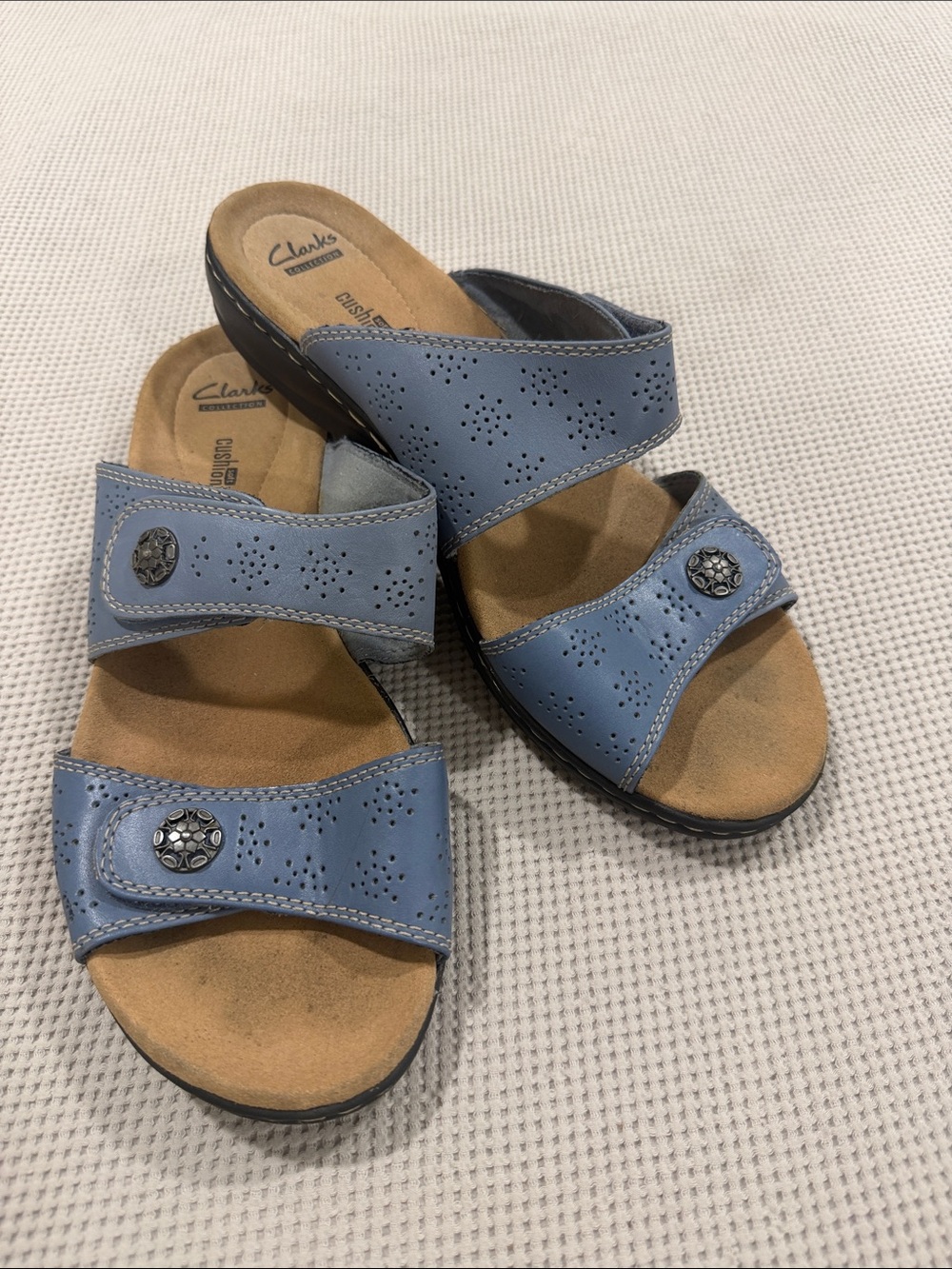 Clarks Light Blue Perforated Leather Double-Strap Slide Sandals